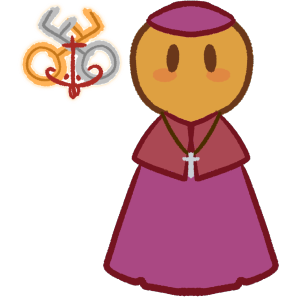 the crossed keys of Roman Catholicism; to the right is a yellow figure, wearing a cassock alb and zucchetto, a scarlet pellegrina, and a silver pectoral cross.